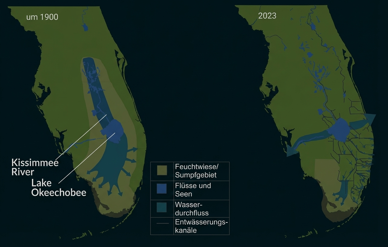 Vergleichskarten von Süd-Florida und den Everglades um 1900 und 2023: Darstellung des Wandels vom ursprünglichen, breiten Wasserdurchfluss aus dem Lake Okeechobee hin zu einem durch Entwässerungskanäle regulierten System, das Wasser verstärkt zur Ost- und Westküste ableitet.